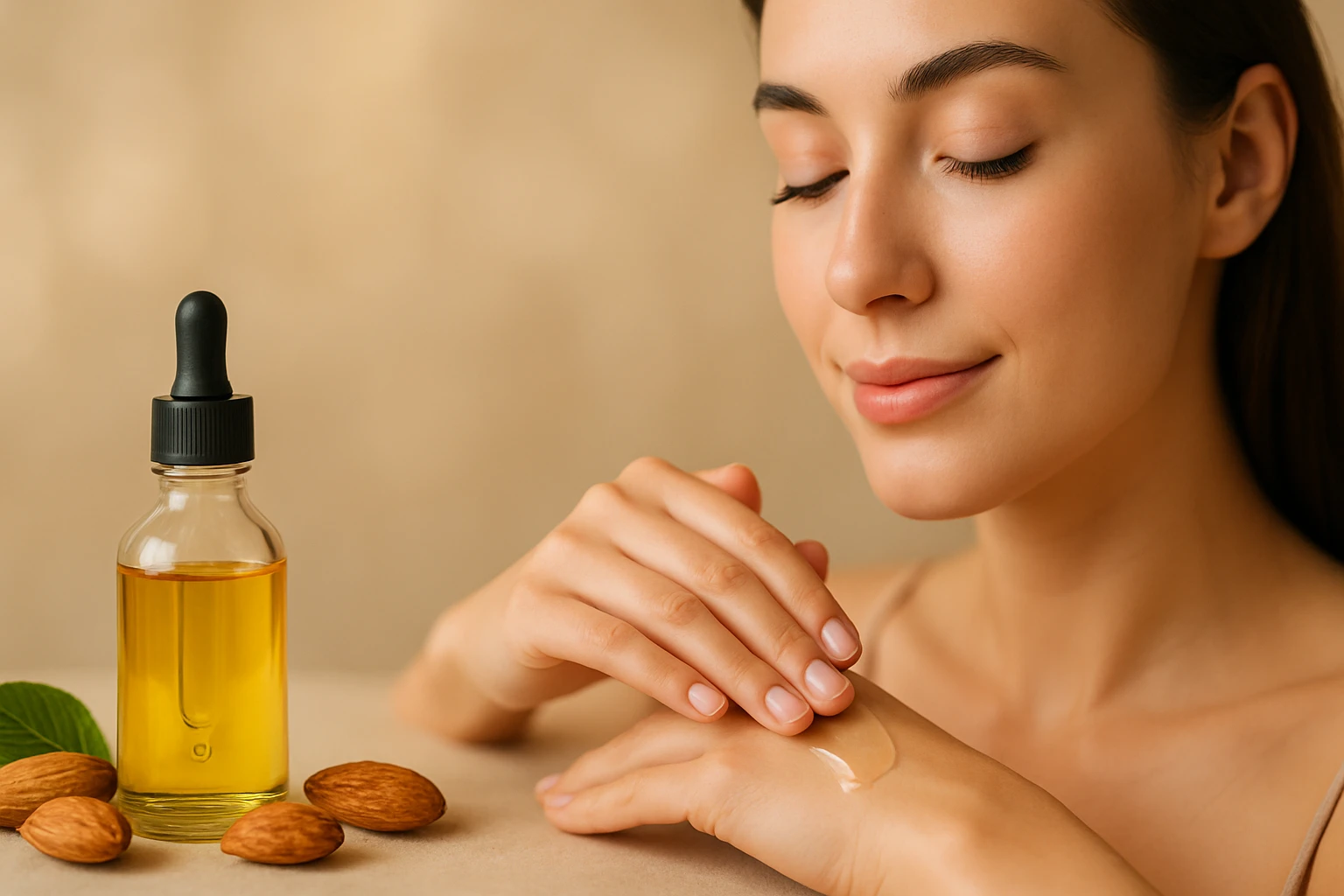 Egy nő az almás olajat a kezére csepegteti, miközben élvezi a bőrápolást.