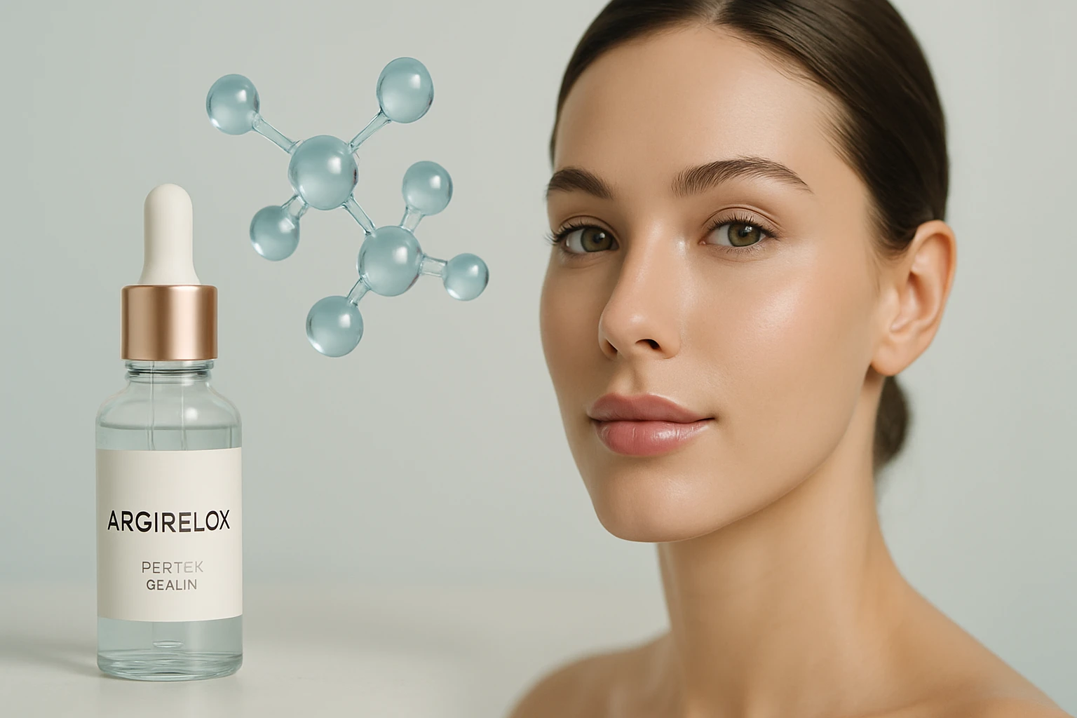 Egy fiatal nő arca, mellette egy üveg bőrápoló szérummal és molekulák ábrázolásával.