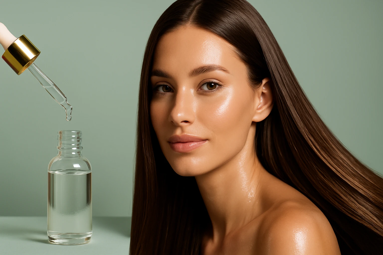 Egy fiatal nő arca, sima bőrrel és fénylő hajjal, egy üveg cseppentő mellett.