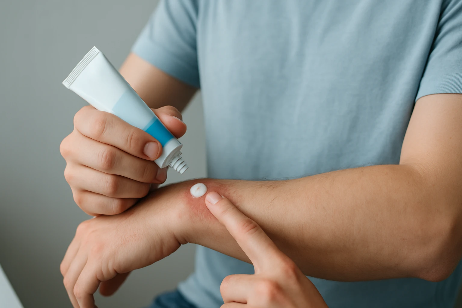 Egy férfi krémet alkalmaz a karján, figyelmesen a bőrproblémára.