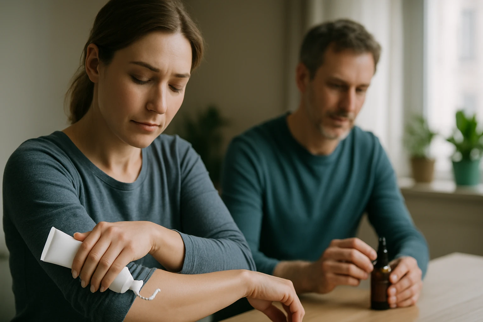 Egy nő krémet visz fel az alkarjára, míg egy férfi egy üveg olajat tart a kezében.