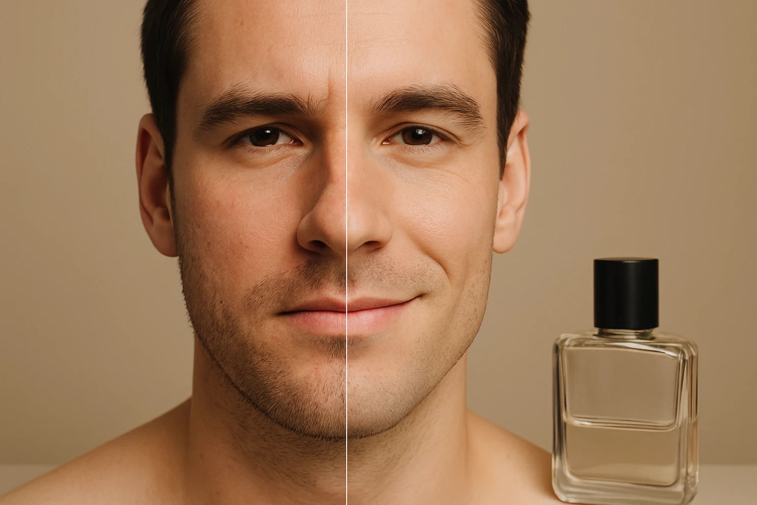 Egy fiatal férfi arca, bal oldalon sima bőr, jobb oldalon ráncosabb, mellette egy parfüm üveg.