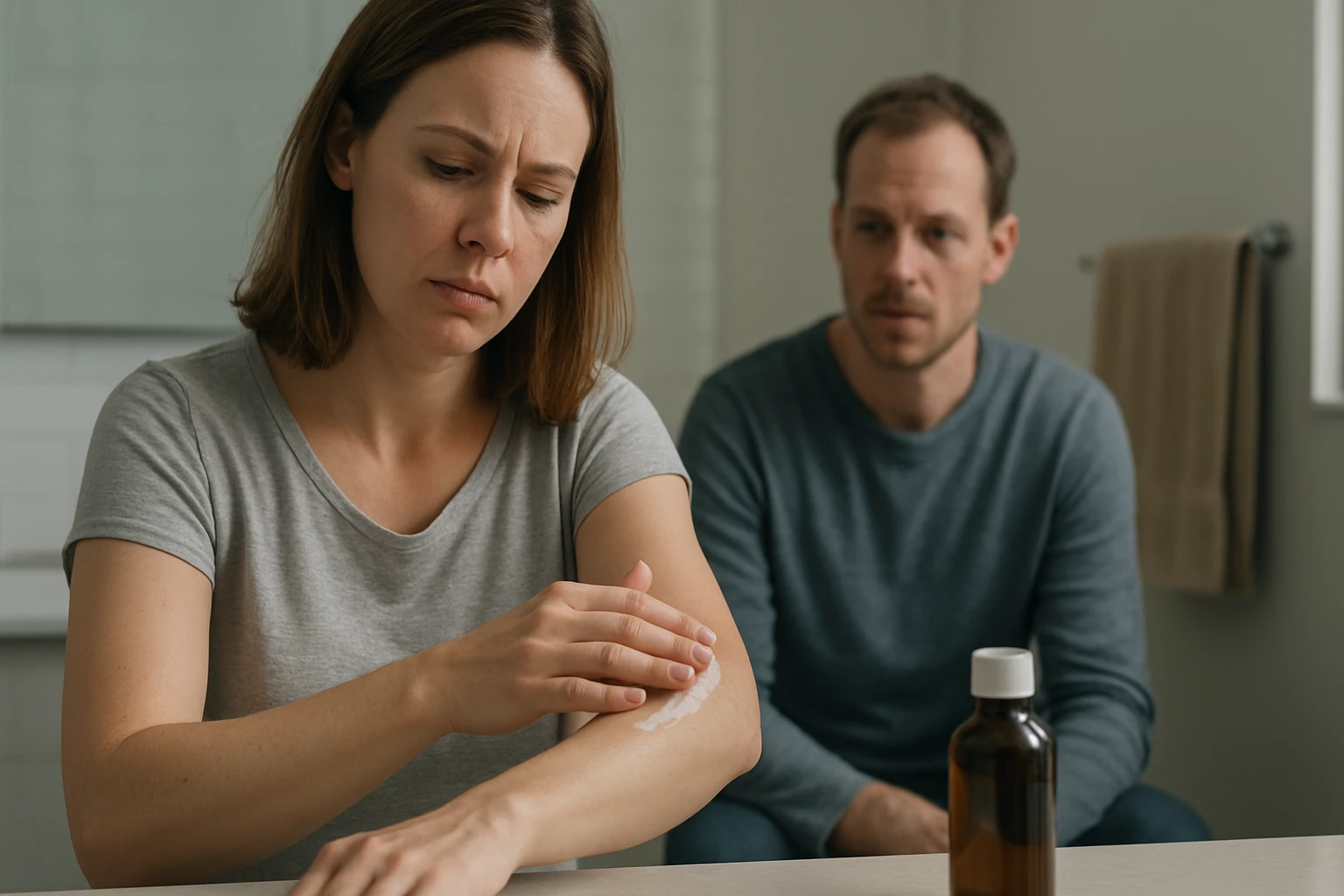 Egy nő krémet visz fel az alkarjára, miközben aggódva néz, mögötte egy férfi figyeli.