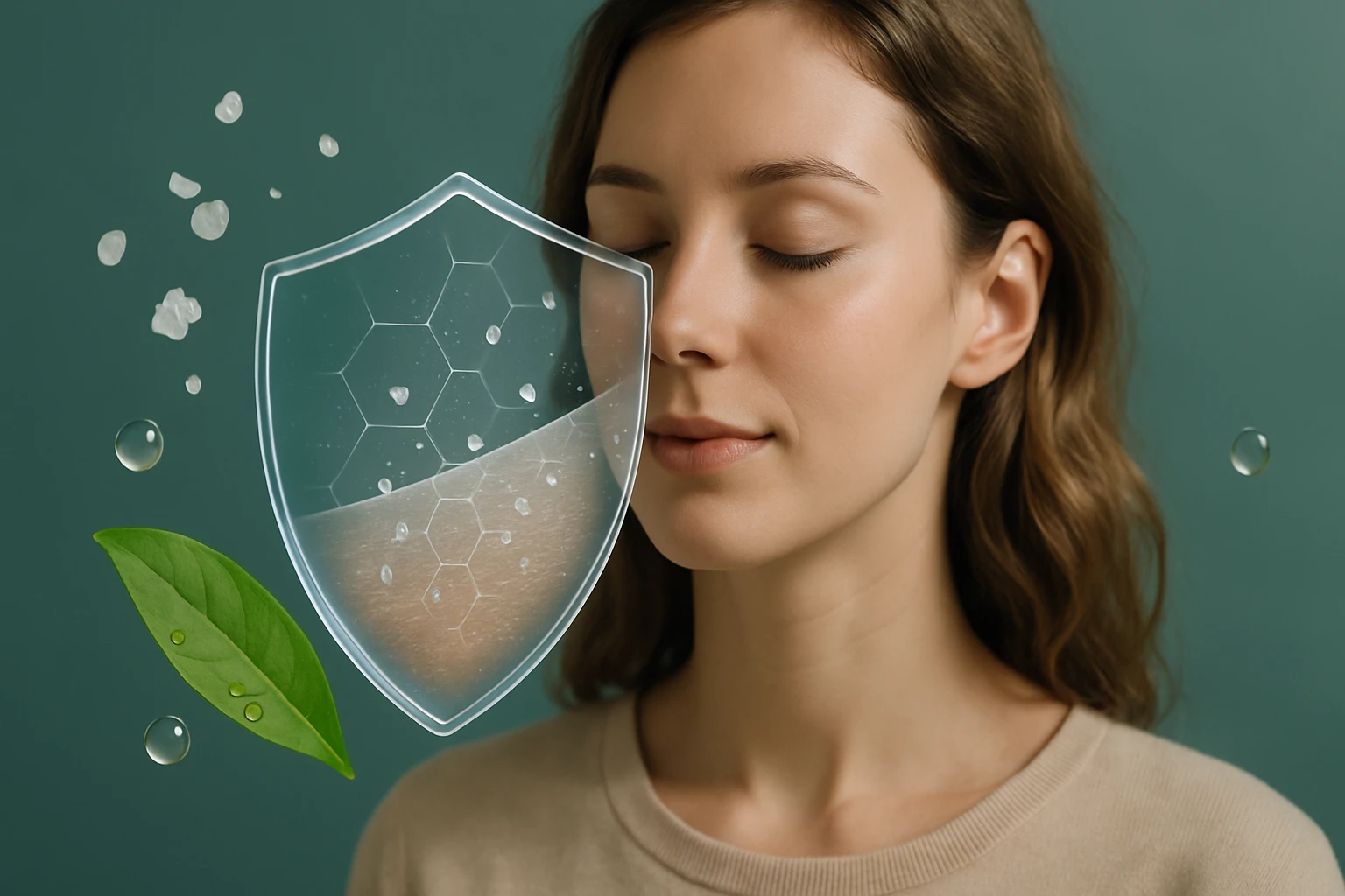 Egy fiatal nő arca, mellette védőpajzs és vízcseppek láthatók.