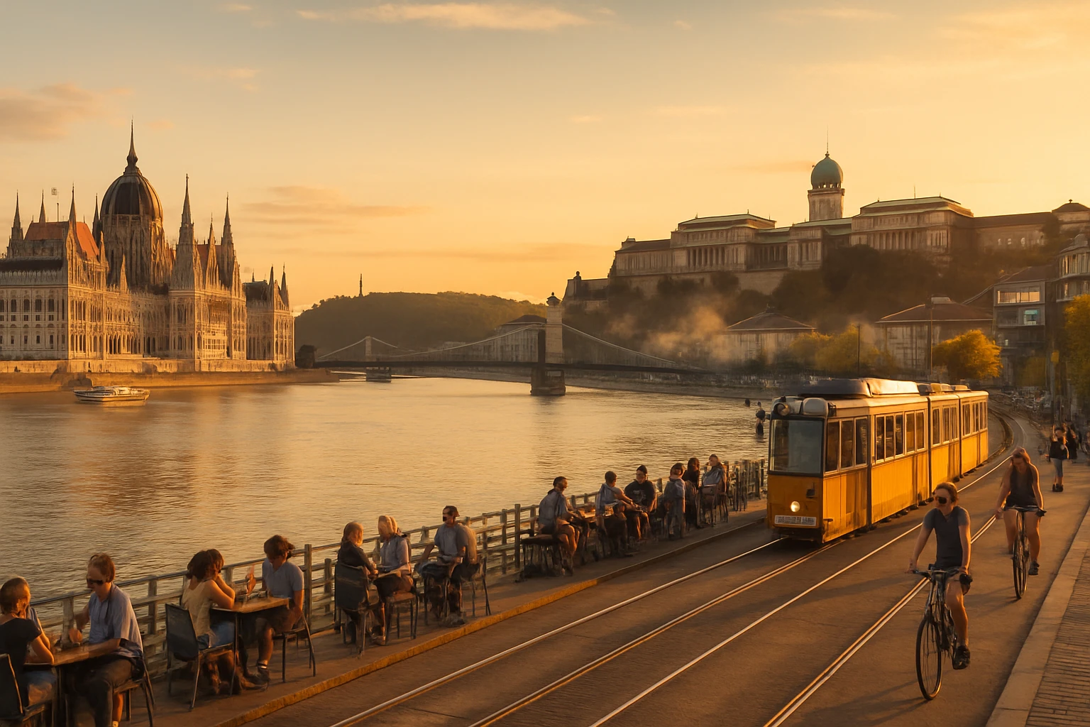 A naplementében a Duna partján emberek ülnek, a Parlament épülete és egy sárga villamos látható.