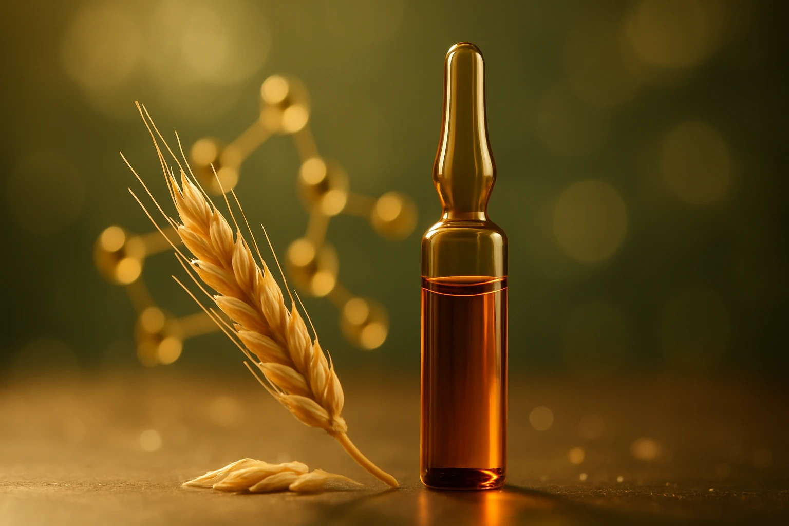 Egy üveg ampulla, benne barna folyadékkal, mellette búzaszál és búzaszemek.