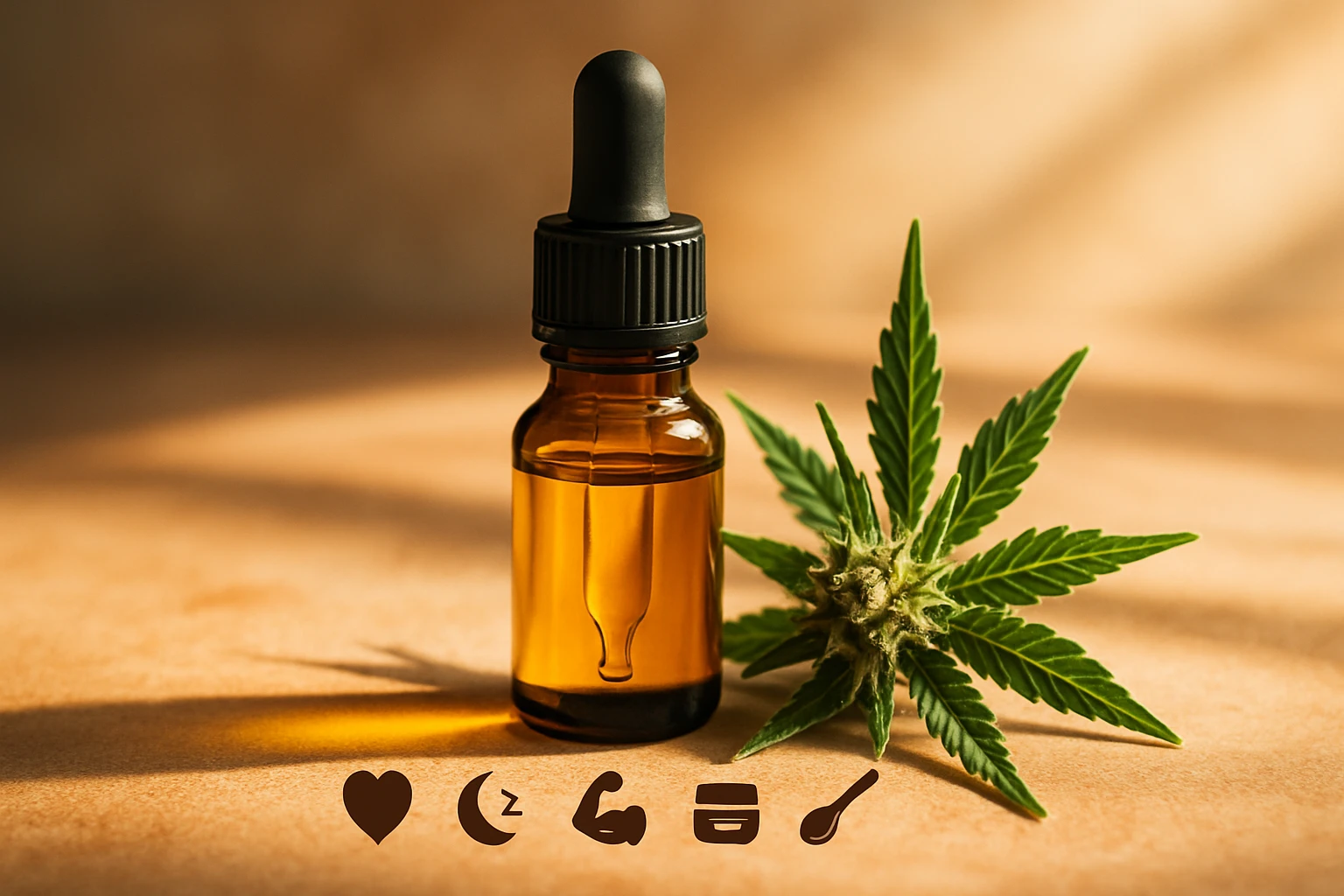 Egy üveg CBD olaj, mellette friss kannabis levél, természetes háttérrel.