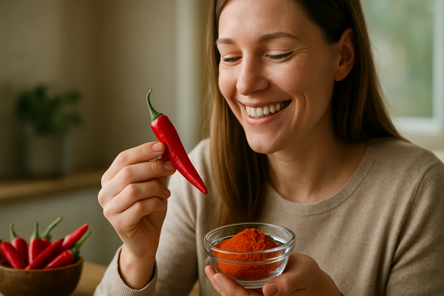 Egy nő mosolyogva tart a kezében egy piros chili paprikát, mellette egy tálban piros fűszer.