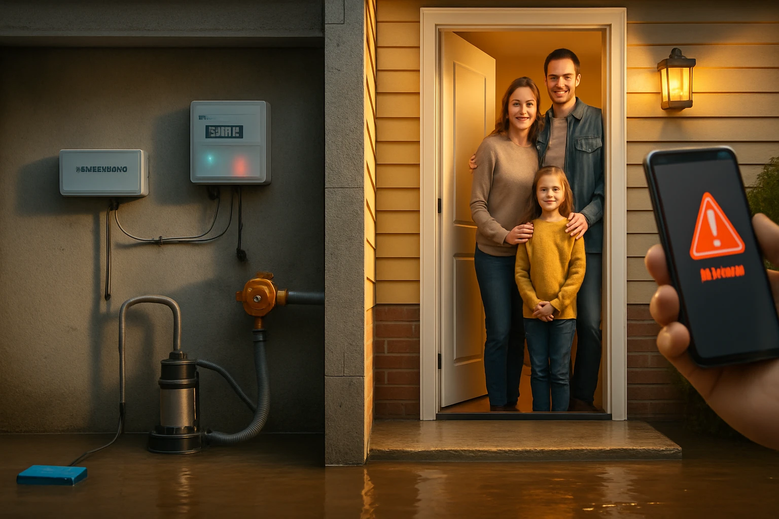 Egy család áll a ház bejáratánál, miközben víz áll a földön, és egy telefon figyelmeztetést mutat.