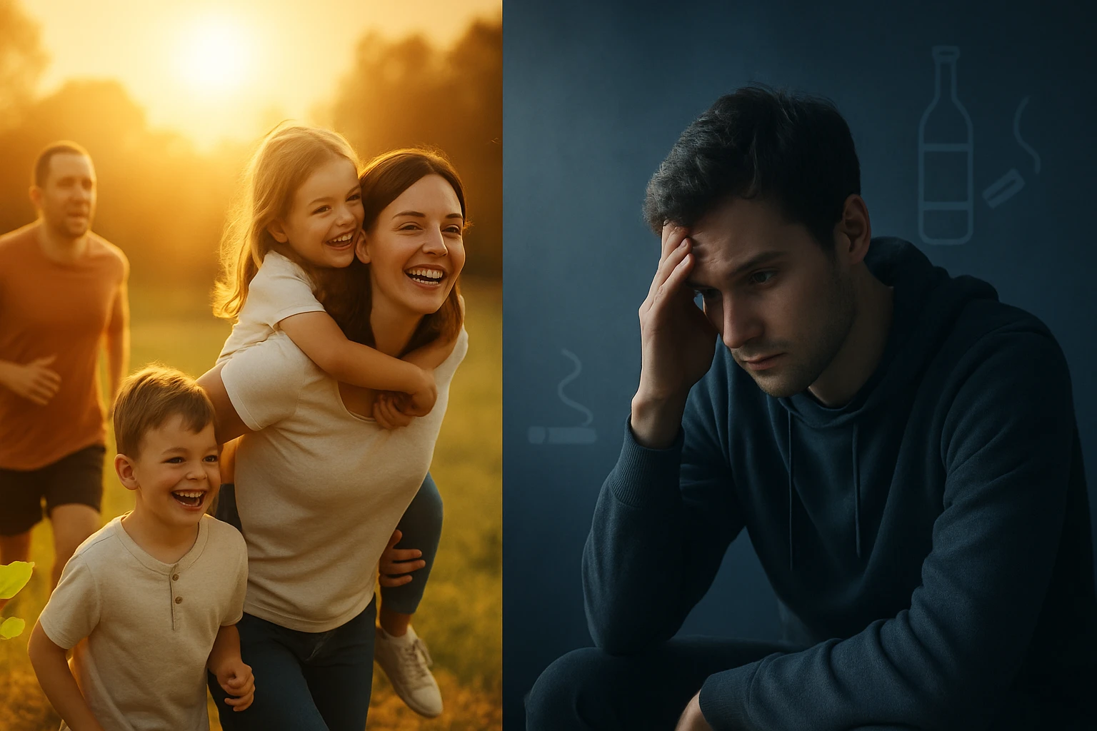 Egy boldog család a naplementében, gyerekek nevetnek, míg a háttérben egy férfi szomorúan ül.