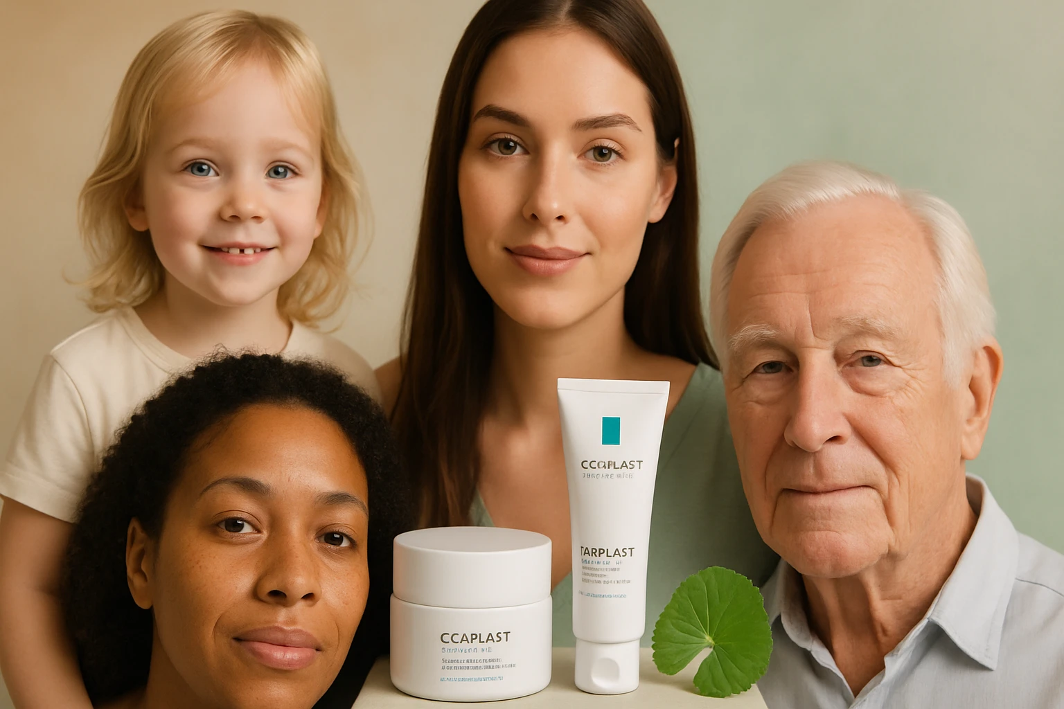 Egy család négy tagja áll a kamerába nézve, különböző bőrápoló termékekkel.