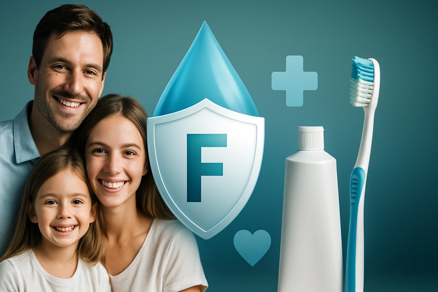 Egy boldog család mosolyog, mellettük fogkrém, fogkefe és egy védőpajzs ikon látható.