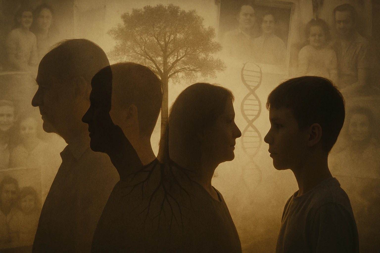 Két ember profilja, háttérben családi fényképek és egy fa sziluettje.
