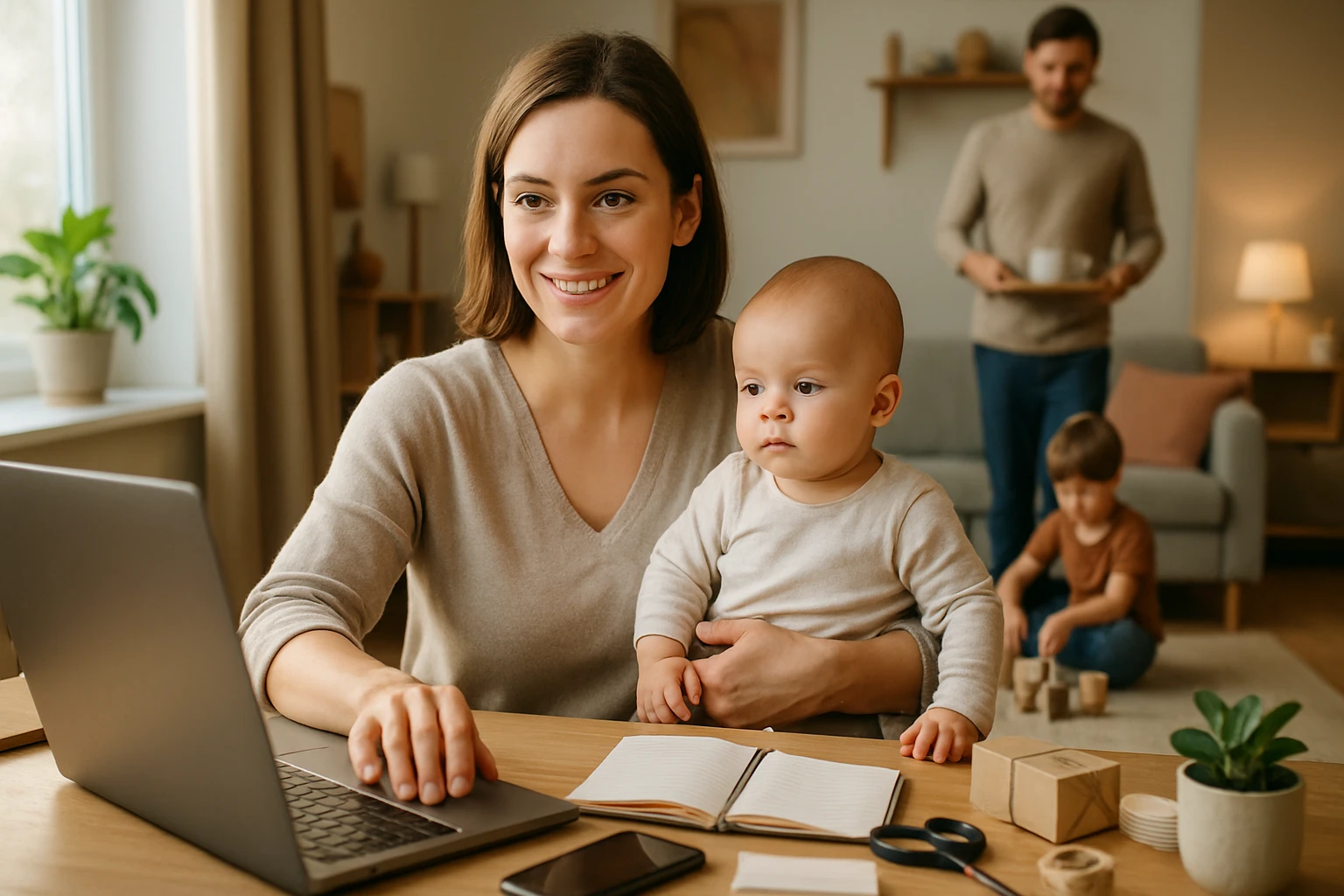 Egy fiatal nő mosolyogva dolgozik a laptopján, miközben a karjában tartja a kisbabáját.
