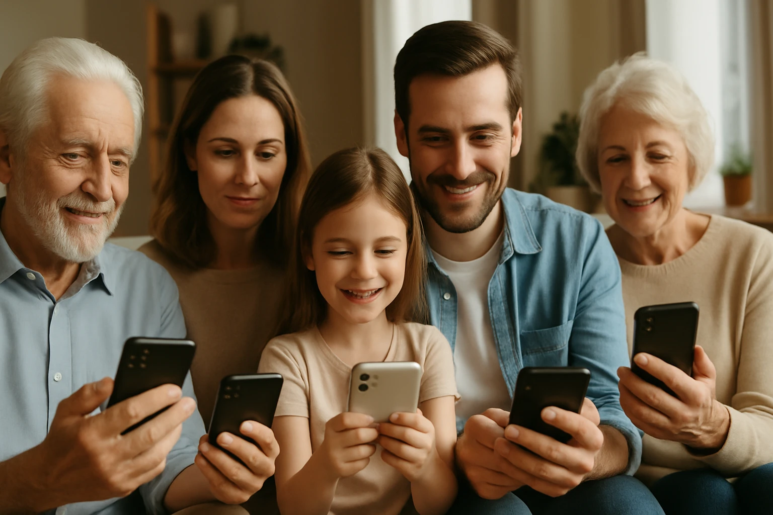Öt fős család, különböző generációk, akik okostelefonokat használnak együtt, mosolyognak.