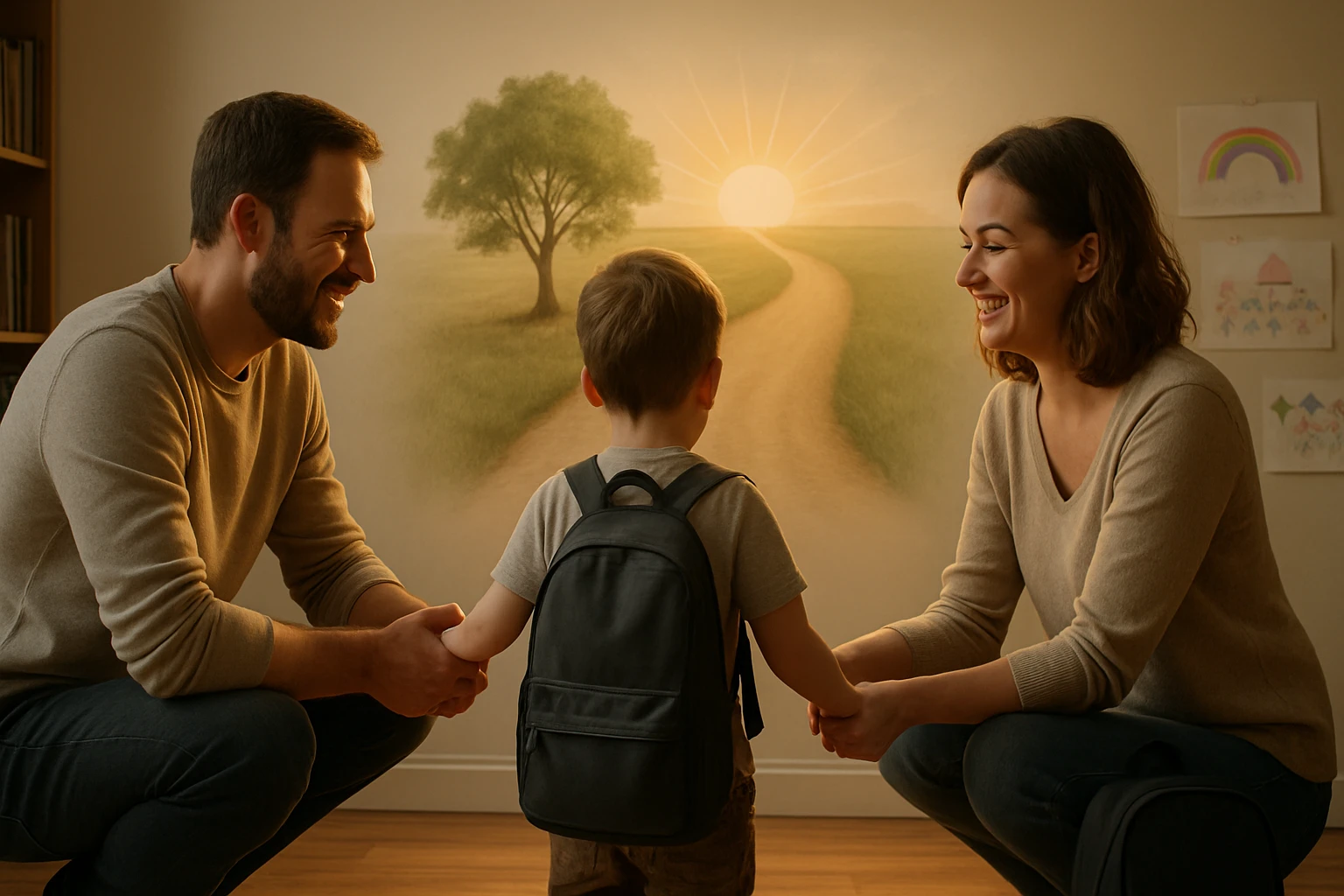 Egy kisfiú hátulról néz a szüleire, akik mosolyogva tartják a kezét. A háttérben napfelkeltét ábrázoló falfestmény látható.