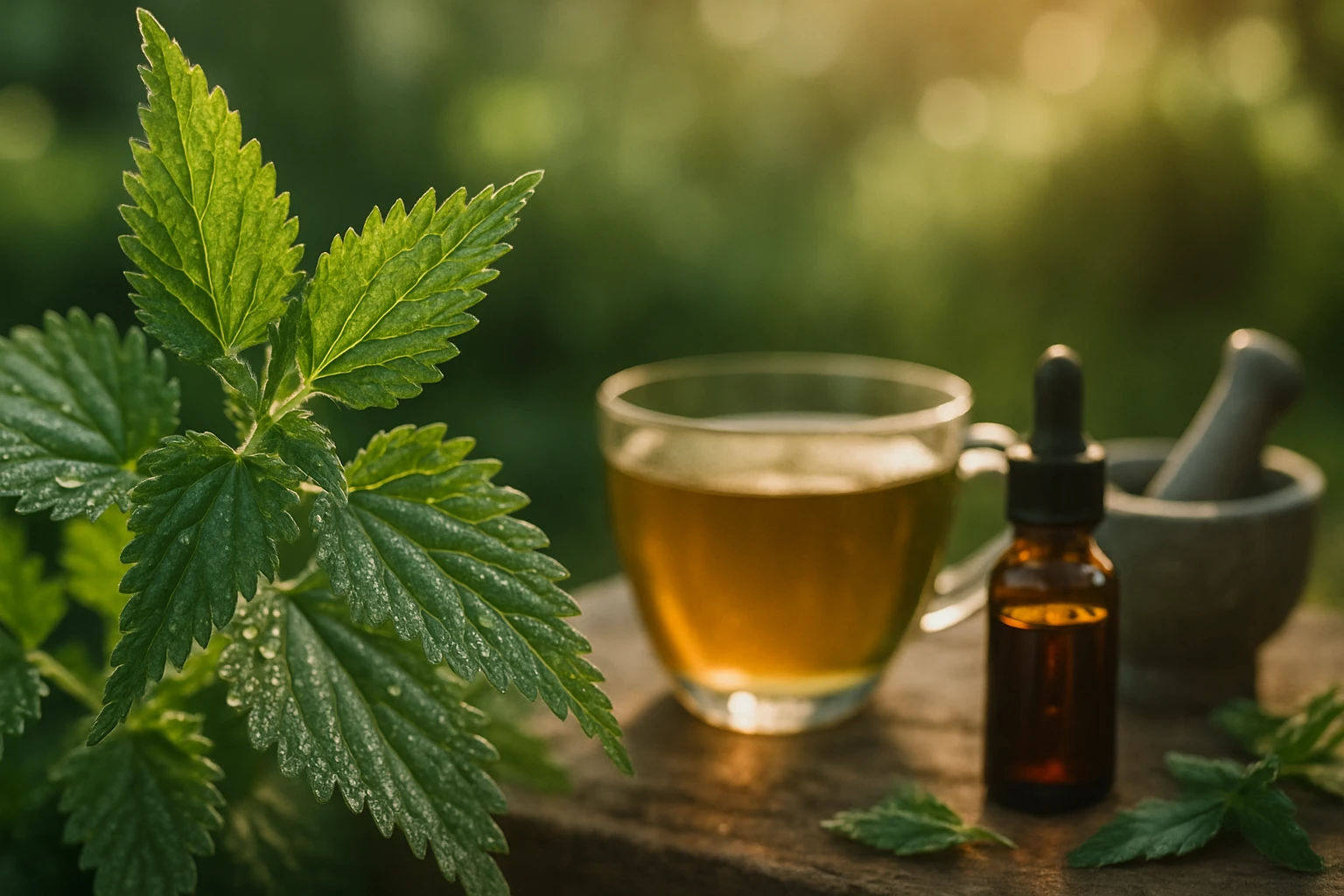 Friss csalánlevelek, egy csésze csalántea és gyógynövényes üveg a fán.