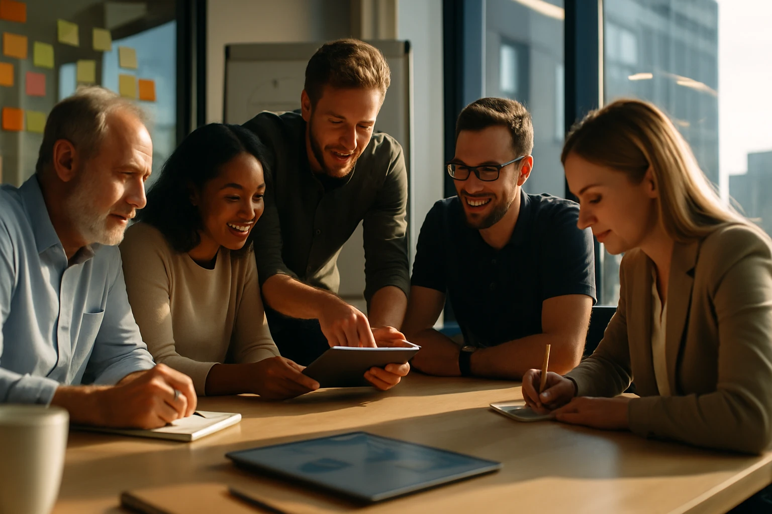 Öt fős csapat közösen dolgozik egy táblagépen, vidám hangulatban.
