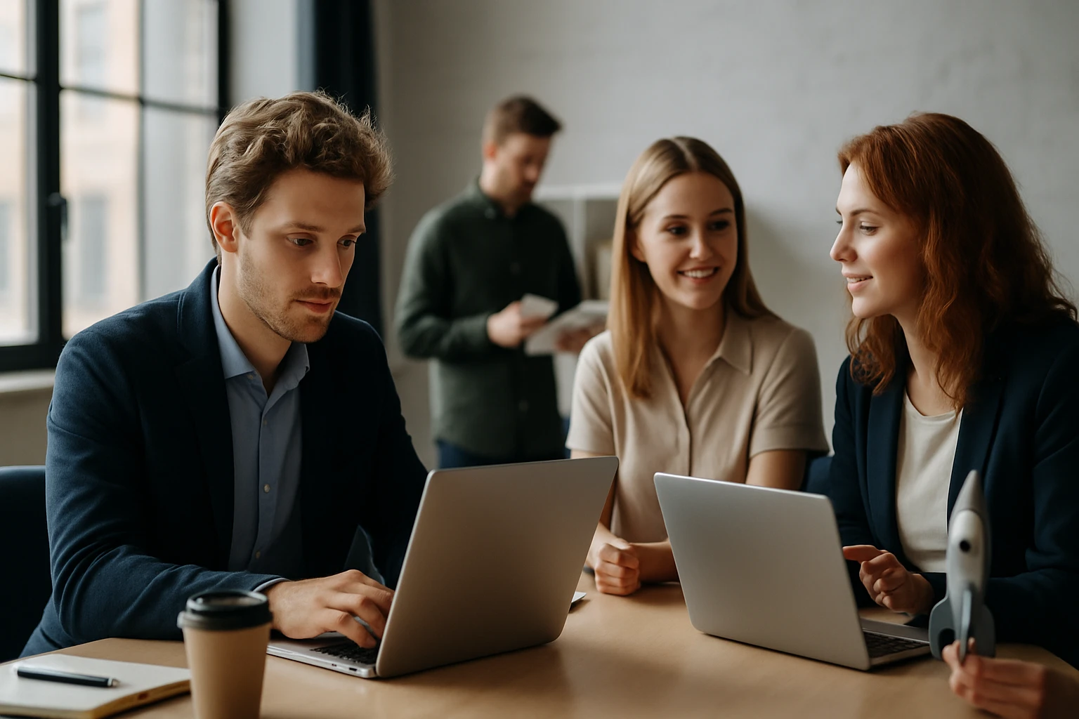 Egy modern irodai környezetben három fiatal szakember dolgozik laptopon, miközben egy másik kolléga háttérben olvas.