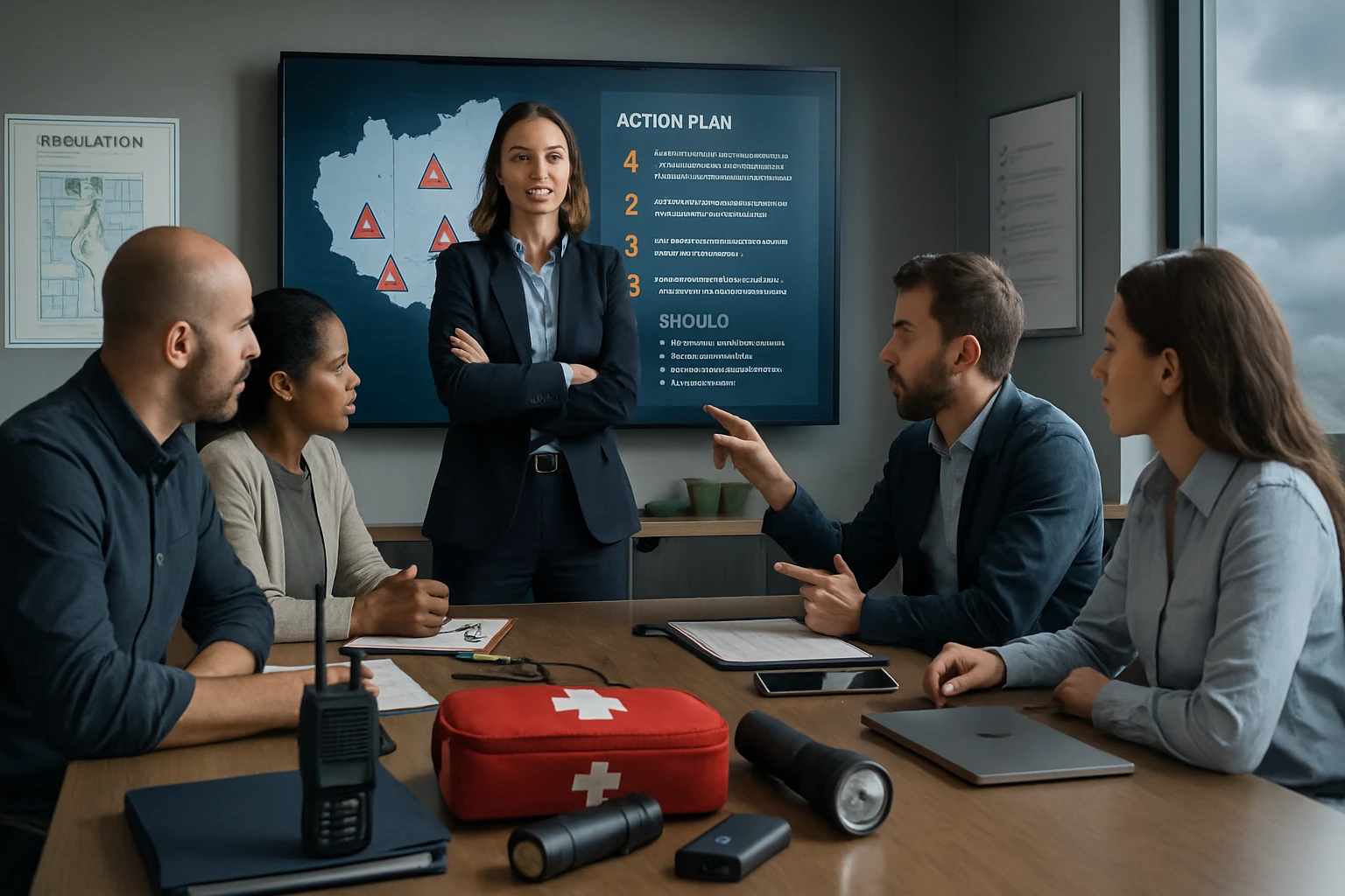 Egy csapat tagjai egy megbeszélésen vesznek részt, ahol egy nő vezető szerepet játszik.