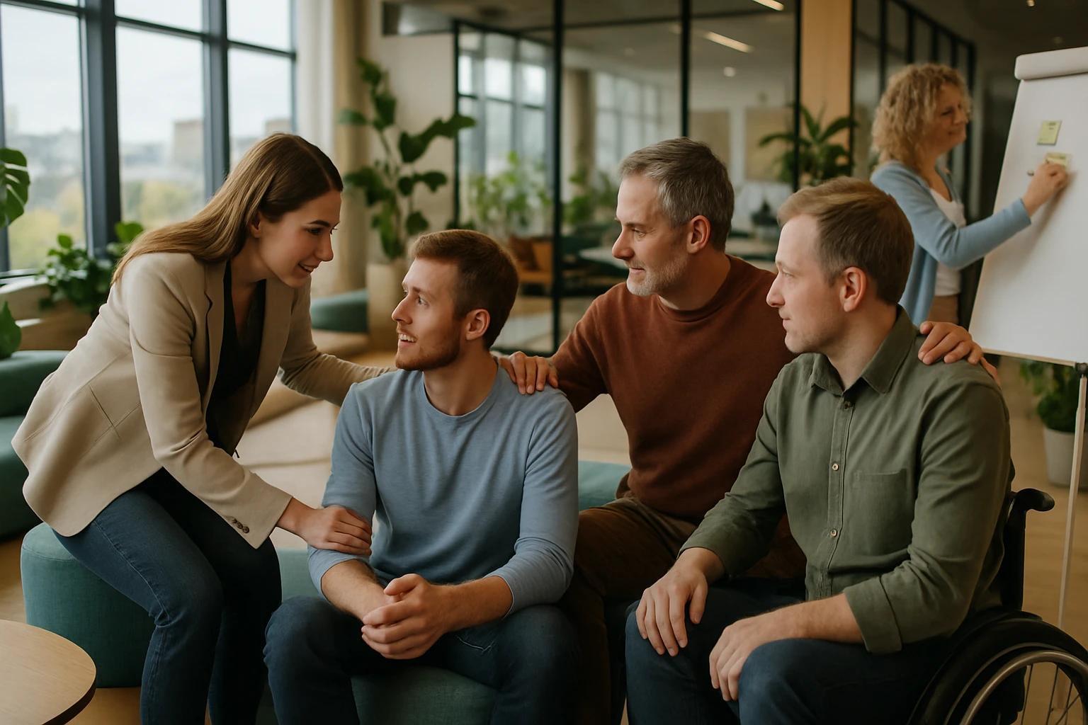 Egy fiatal nő beszélget egy férfival, míg három másik férfi figyeli őket egy modern irodai környezetben.