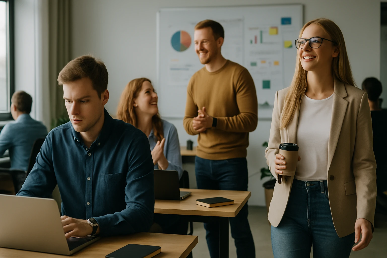 Egy fiatal férfi laptopon dolgozik, míg három kollégája beszélget és nevet a háttérben.