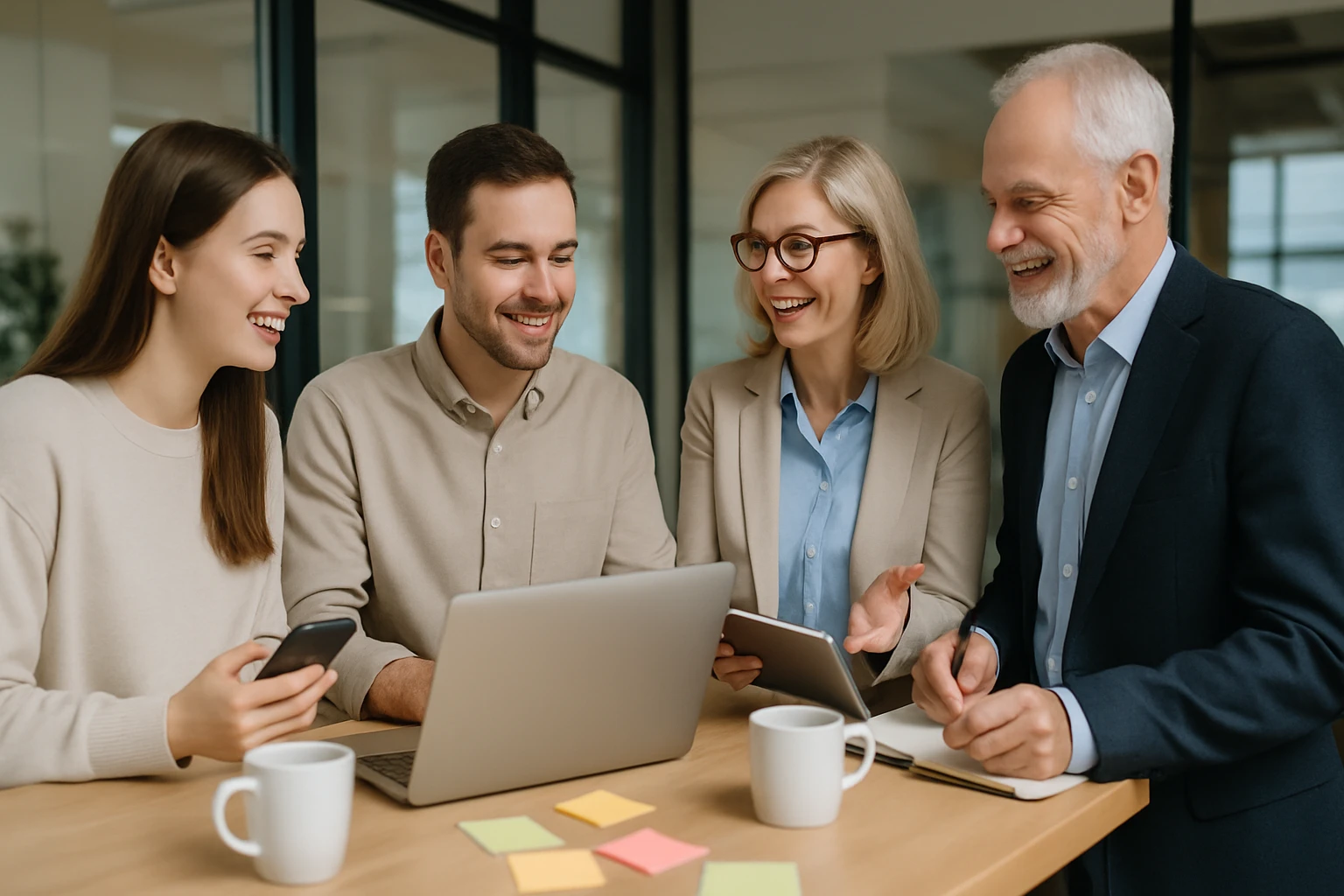 Négy felnőtt, barátságos légkörben, laptop előtt ülve, beszélgetnek és nevetnek.