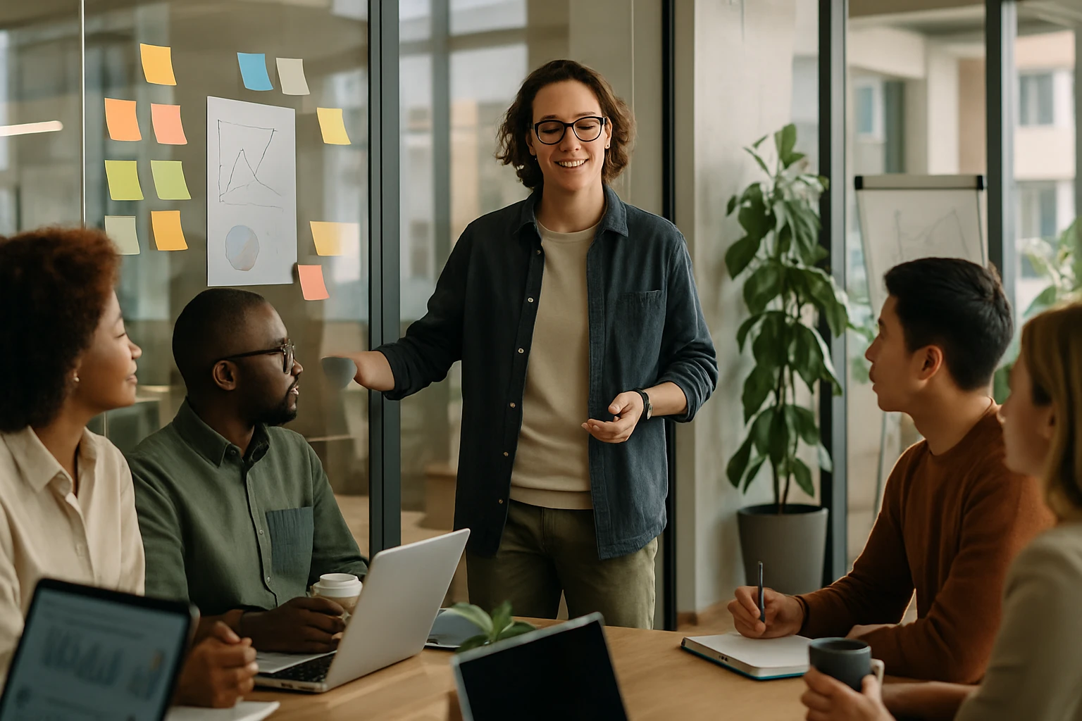 Egy fiatal nő prezentál egy csapatnak egy modern irodában, háttérben színes post-it jegyzetekkel.