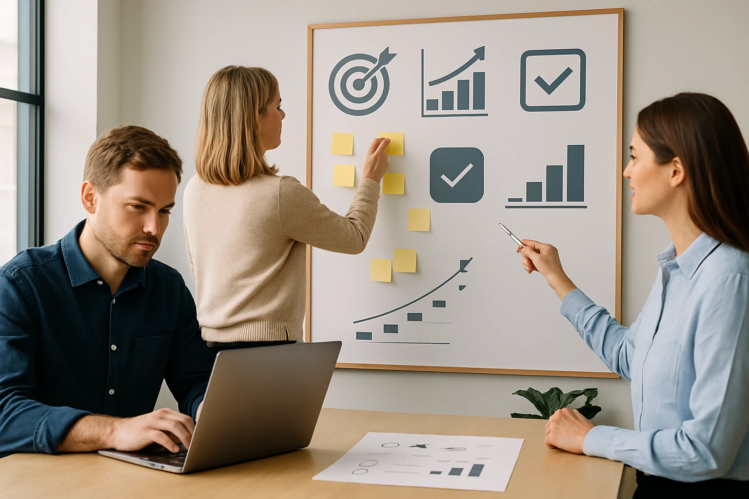 Egy férfi laptopon dolgozik, míg két nő egy táblán poszt-it cetliket helyez el és grafikonokat mutat.