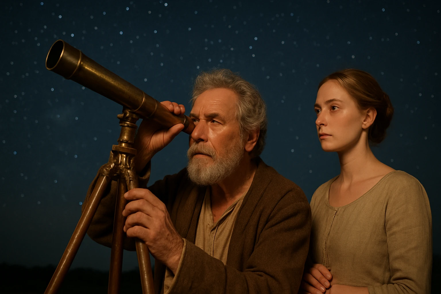 Egy idős férfi távcsővel néz az éjszakai csillagos égboltra, mellette egy fiatal nő áll.