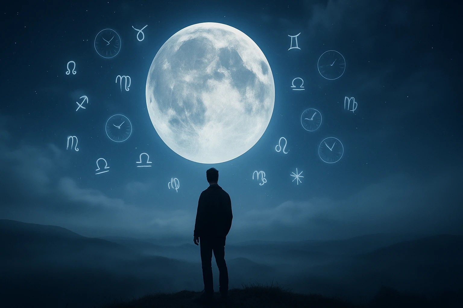 Egy férfi áll a hegytetőn, a telihold alatt, körülötte csillagjegyek szimbólumai láthatók.