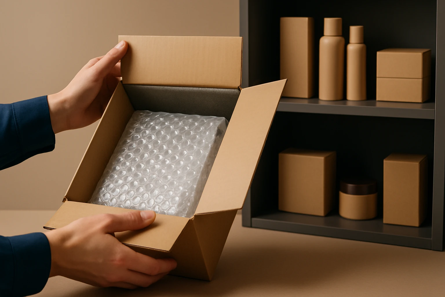 Kézben tartott kartondoboz, amelyből buborékfólia látszik, háttérben csomagolt termékek.