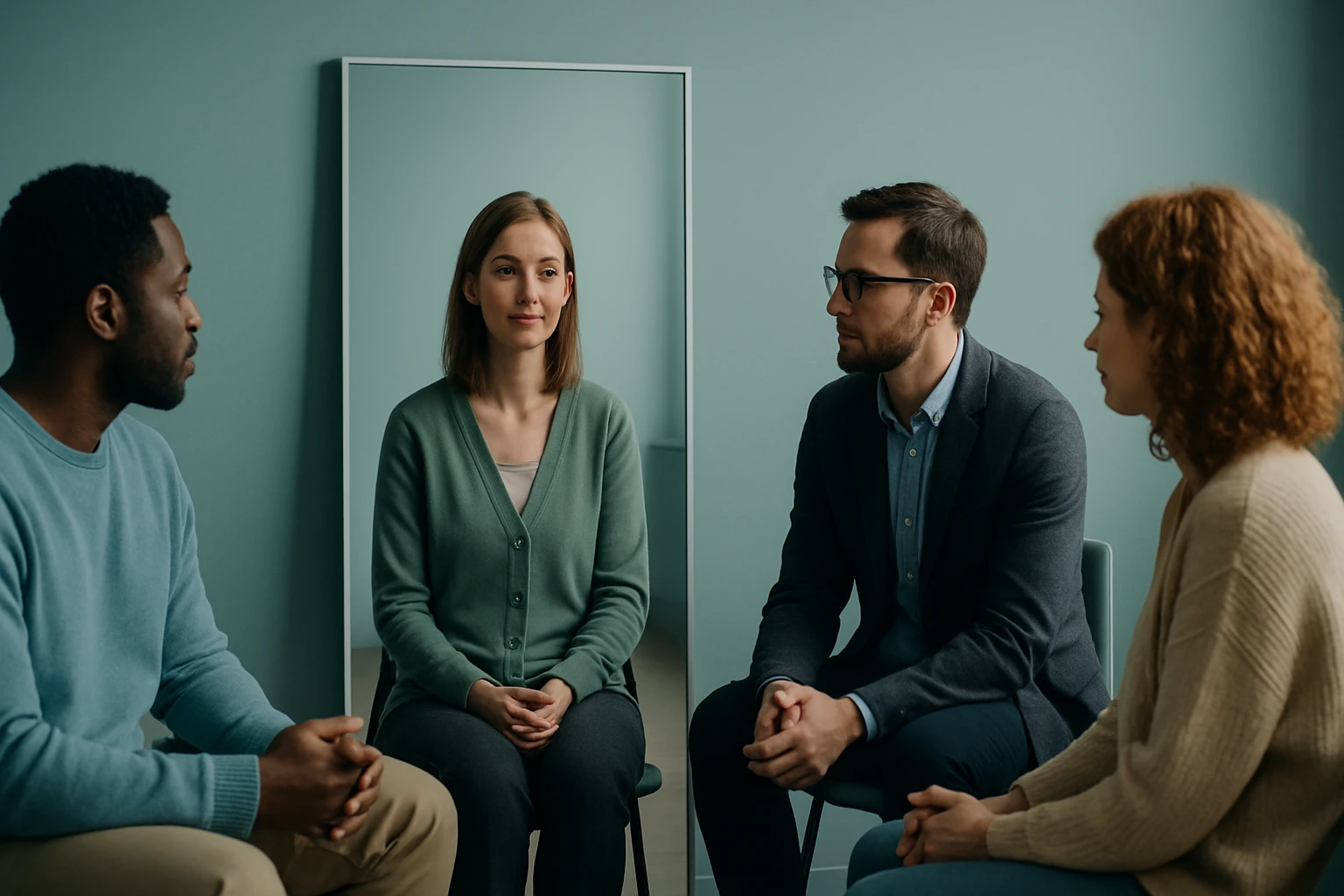 Négy ember ül egy körben, figyelmesen beszélgetnek egy világos szobában.