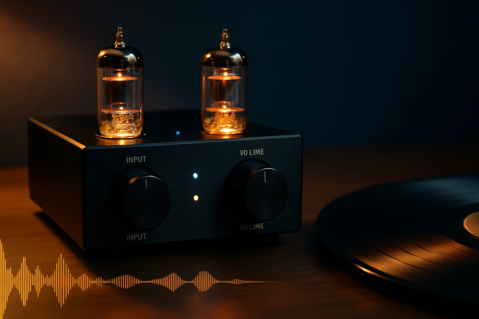 Egy csöves erősítő, világító csövekkel és két potméterrel, mellette egy vinyl lemez.