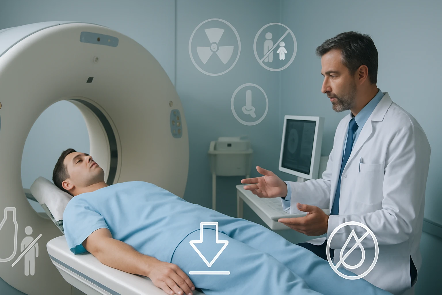 Egy orvos magyaráz egy CT-vizsgálatot egy betegnek, aki fekvő helyzetben van.