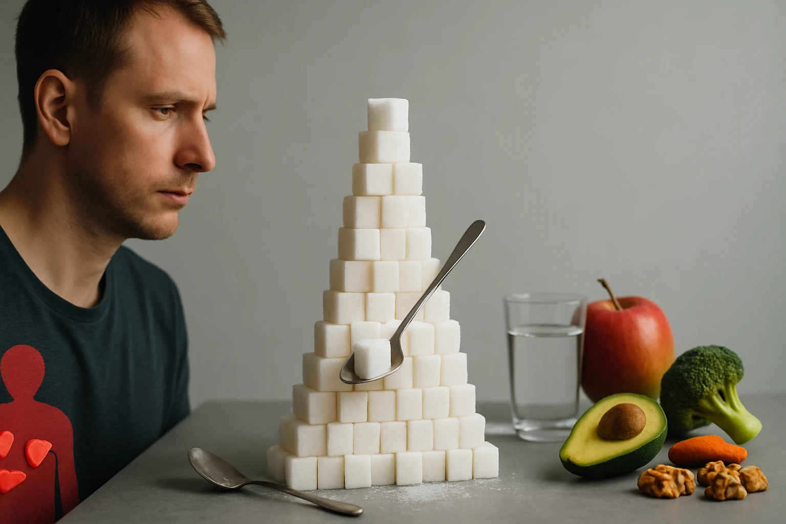 Egy férfi figyelmesen nézi a cukorkockákból épített piramist, mellette egészséges ételek.