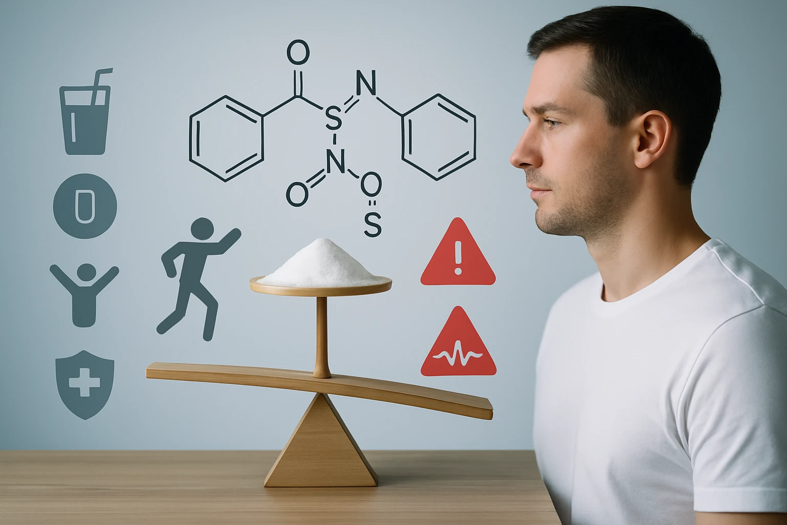 Egy férfi néz egy mérlegre, amelyen cukor található, háttérben egészségi ikonokkal.