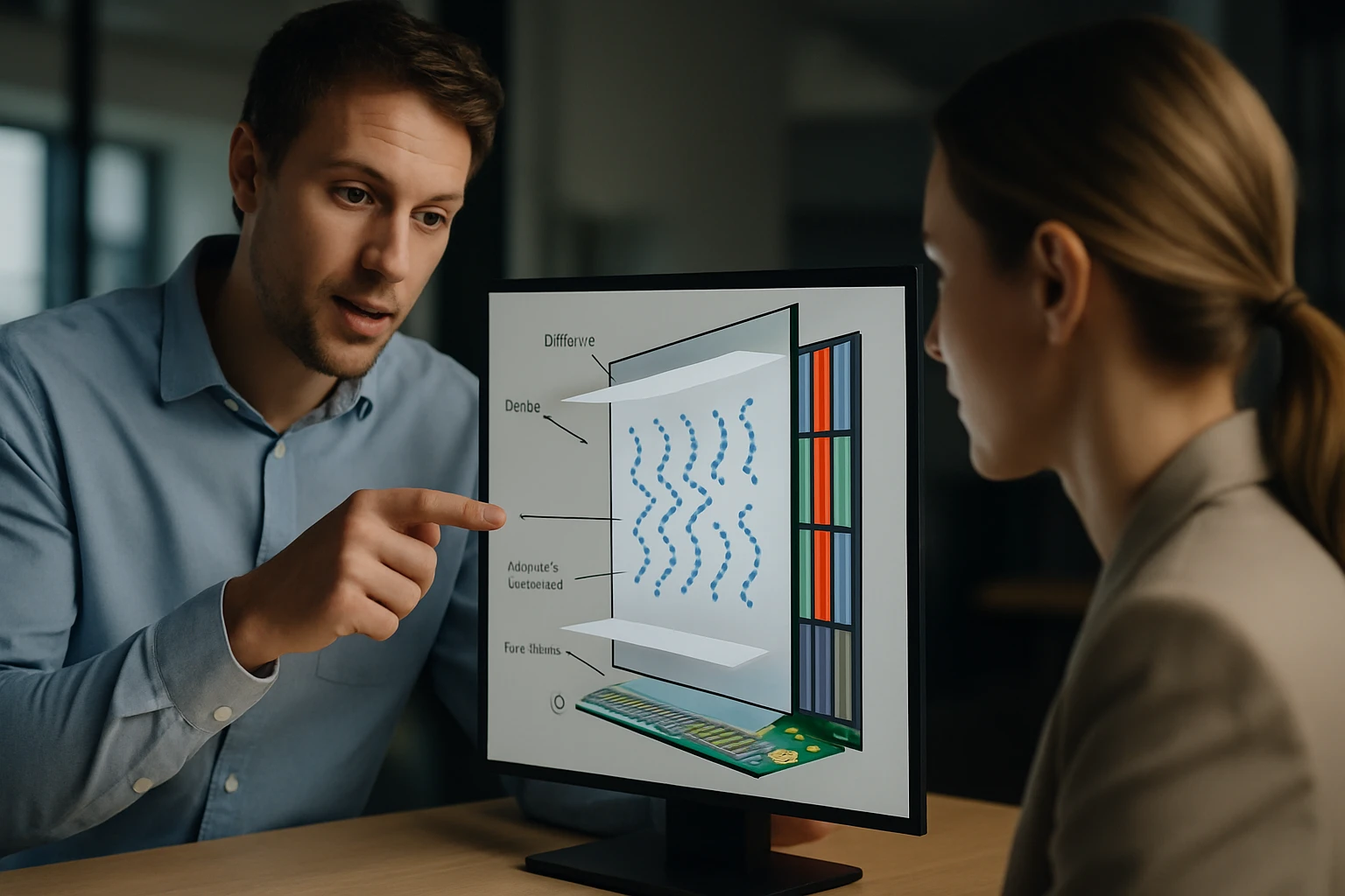 Egy férfi magyaráz egy diagramot egy számítógép képernyőjén, miközben egy nő figyelmesen hallgat.