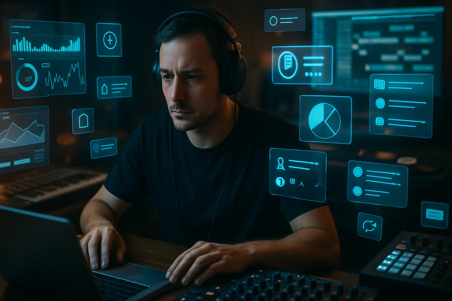 Egy férfi fejhallgatóban ül, laptop előtt, holografikus adatokkal körülvéve.