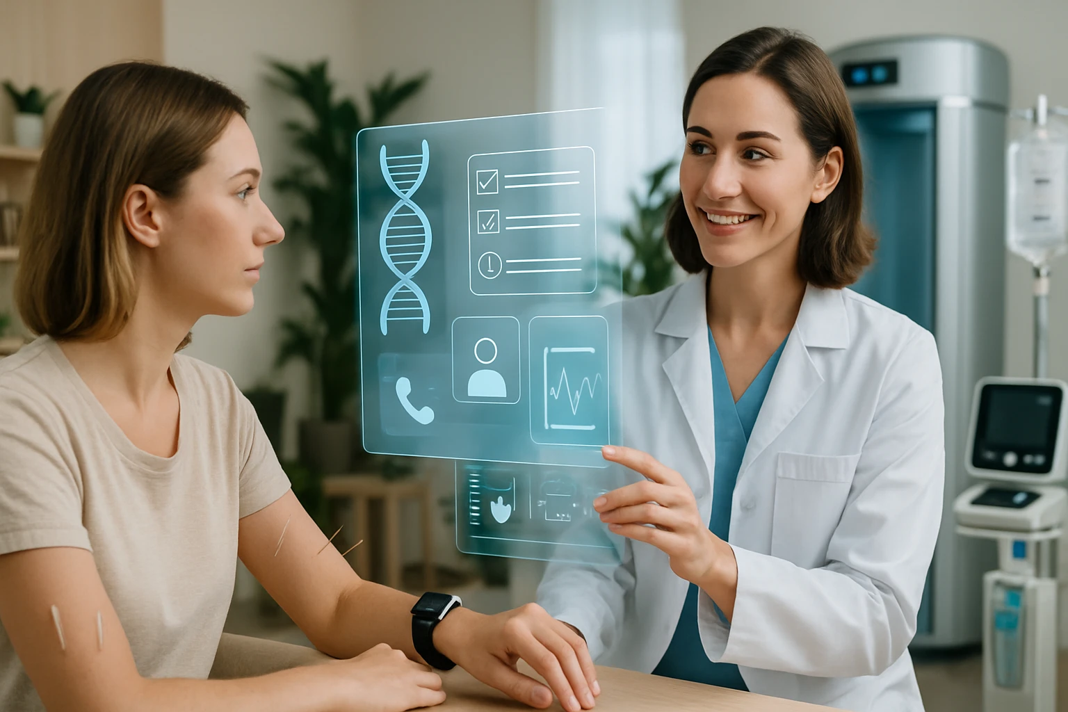 Egy orvos digitális egészségügyi adatokat mutat be egy páciensnek, aki érdeklődve figyel.