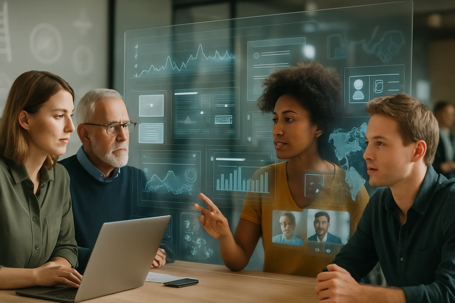 Négy felnőtt egy modern irodában ül, digitális grafikonok és videóhívás látható a háttérben.