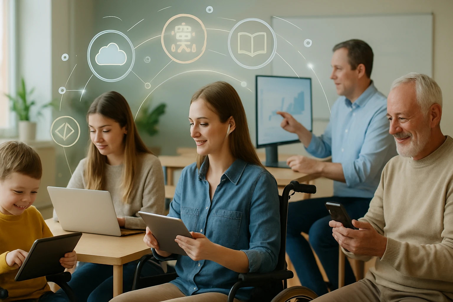 Egy családtagokból álló csoport különböző eszközöket használ, miközben digitális ikonok lebegnek a fejük felett.