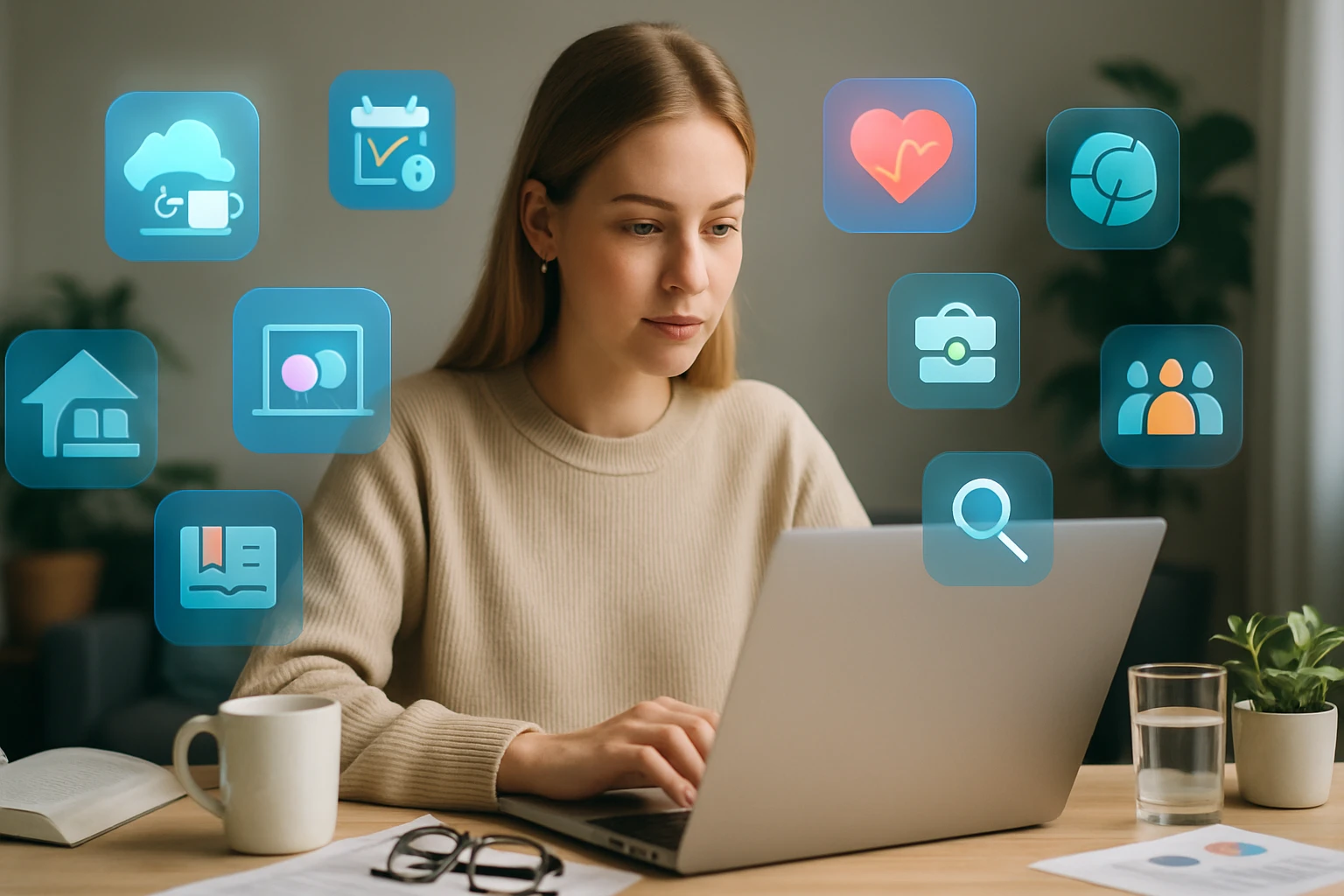 Egy fiatal nő dolgozik a laptopján, körülötte digitális ikonok láthatók, amelyek különböző alkalmazásokat jelképeznek.