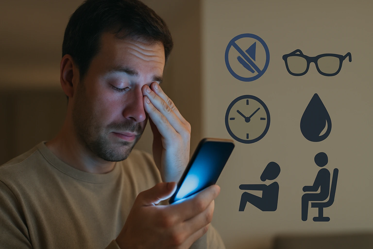 Egy férfi fáradtan nézi a telefonját, miközben az arcát fogja.
