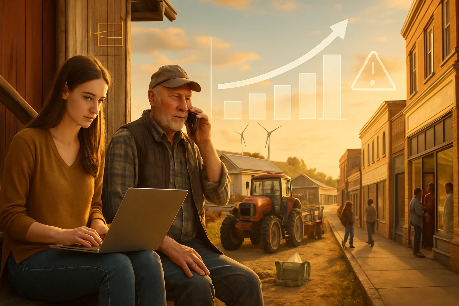 Egy fiatal nő laptopon dolgozik, míg egy idős férfi telefonál a vidéki tájban.