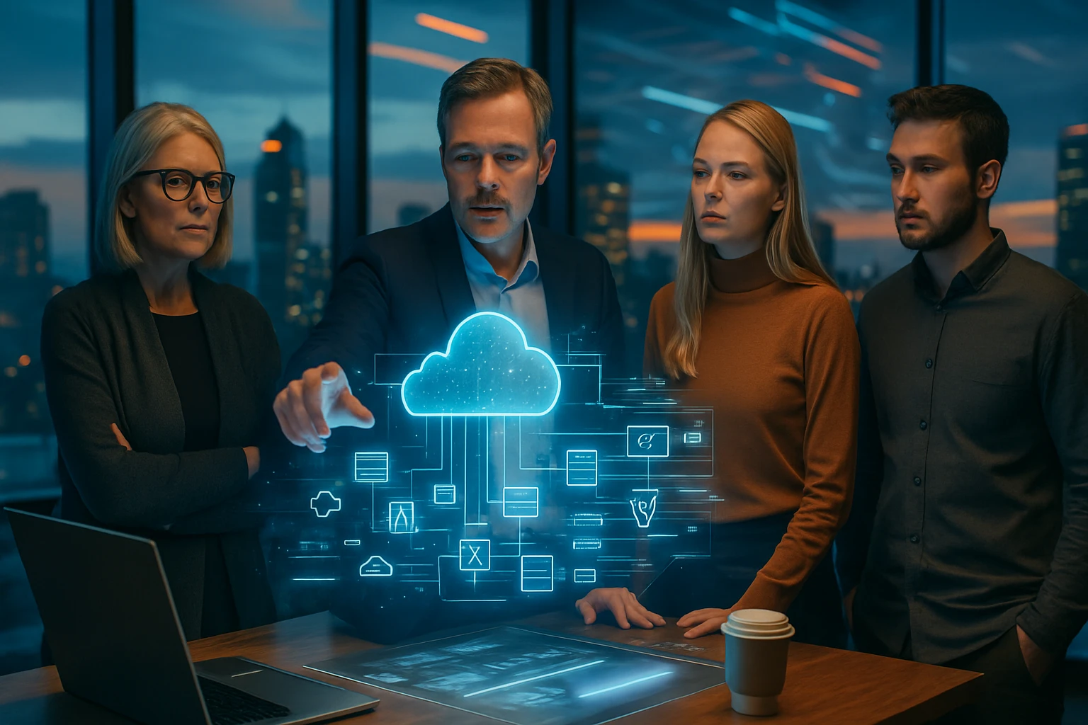 Négy szakember egy modern irodában, digitális felhőtechnológiát bemutató hologram előtt állnak.