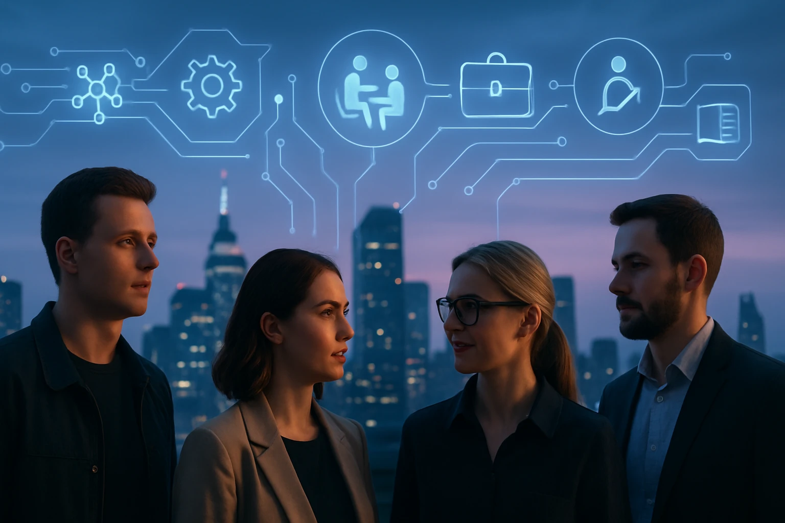 Négy fiatal szakember áll a városi táj előtt, digitális ikonokkal a háttérben.