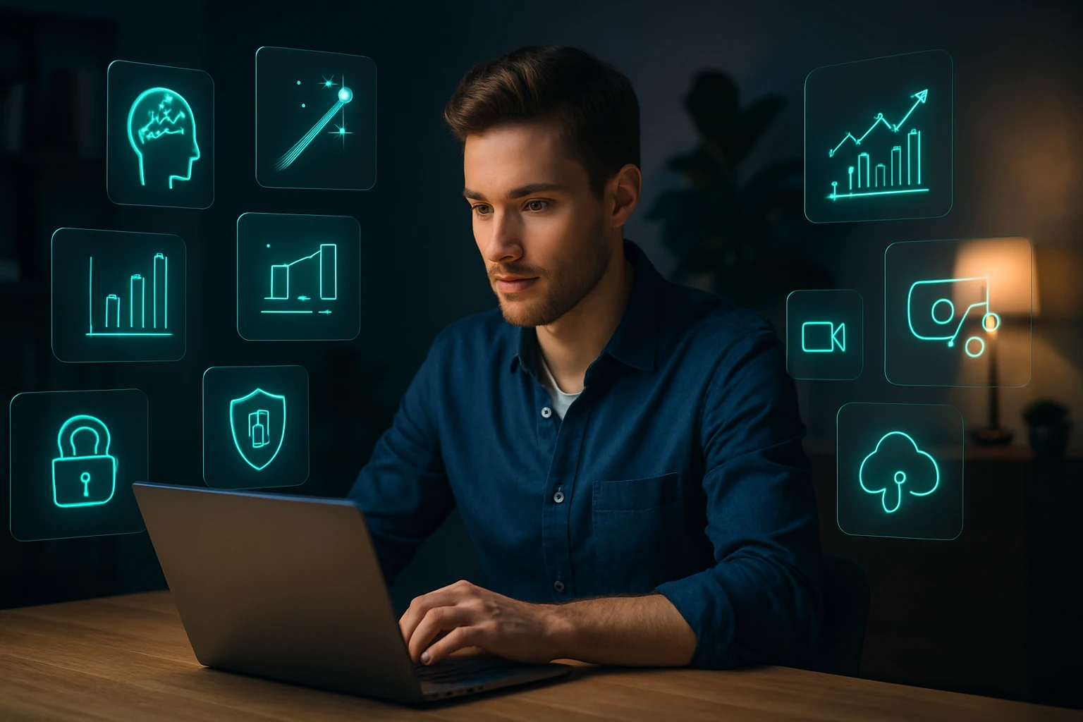 Egy fiatal férfi laptop előtt ül, digitális ikonokkal körülvéve, amelyek a technológiai fejlődést szimbolizálják.