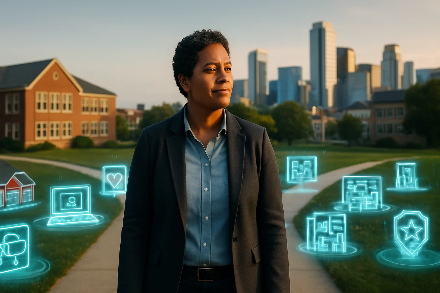 Egy fiatal nő, öltönyben, a város háttér előtt áll, digitális ikonokkal körülvéve.