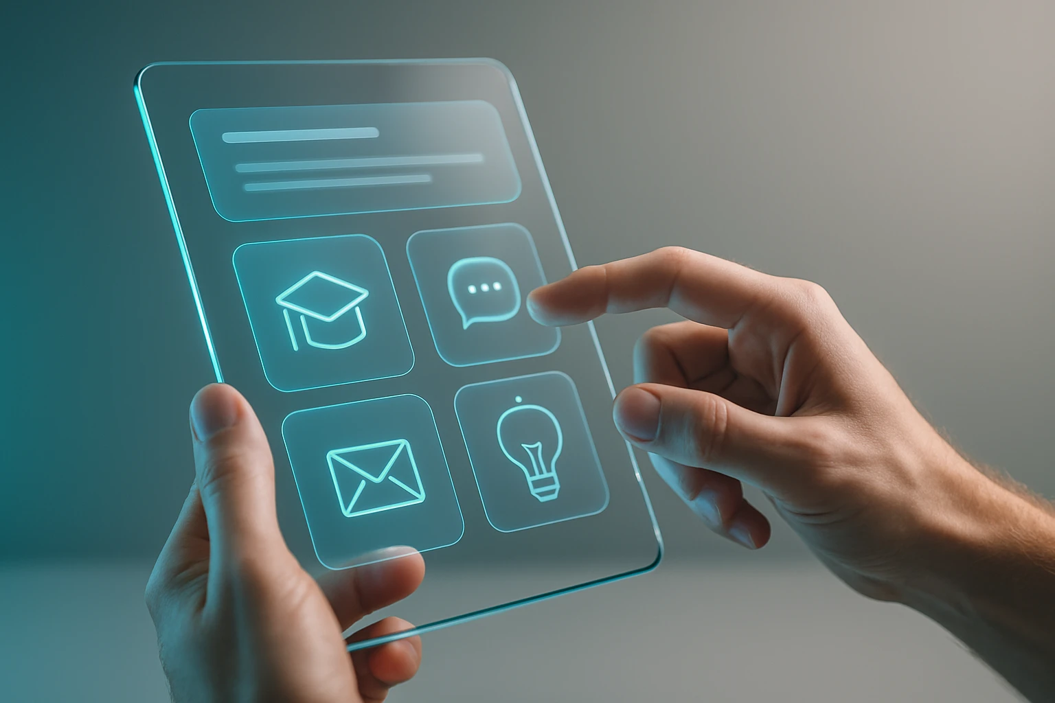 Egy kéz érint egy átlátszó, digitális felületen található ikonokat, mint például tanulás és üzenetküldés.